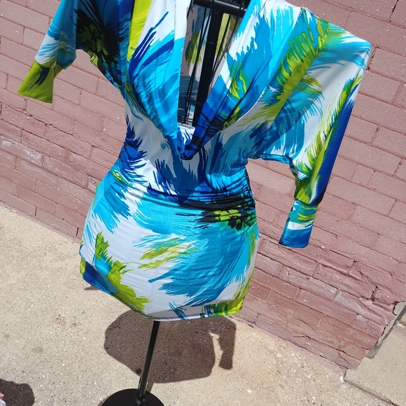 Neon Bright Colorful Bodycon Beautiful stretch cowl neck dress size small - Picture 1 of 12